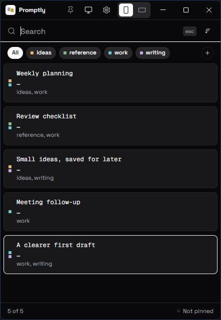 Promptly compact view with a searchable, tagged text library