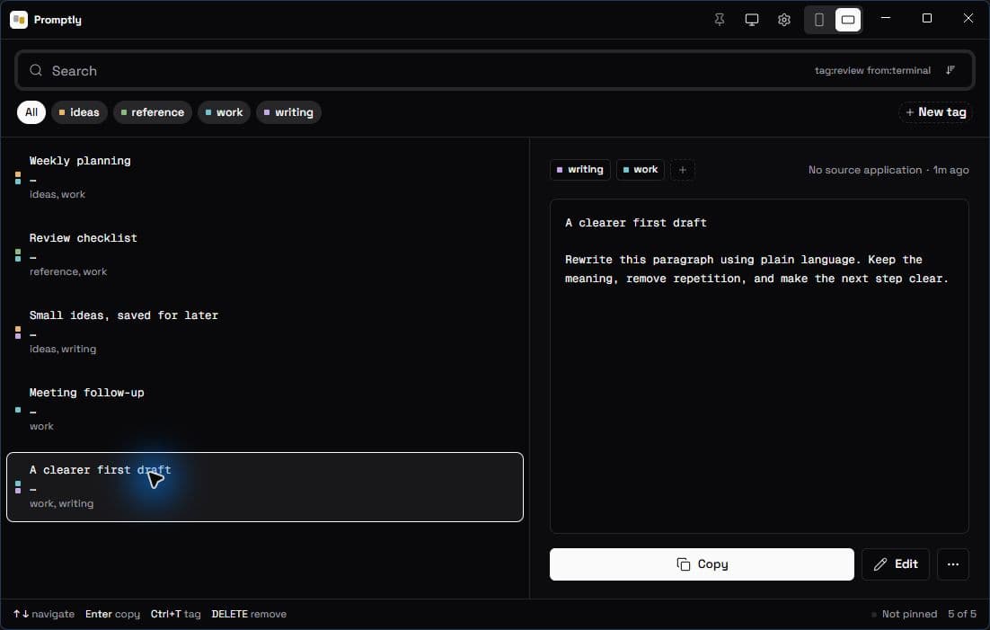 Promptly library with a snippet preview and Copy button
